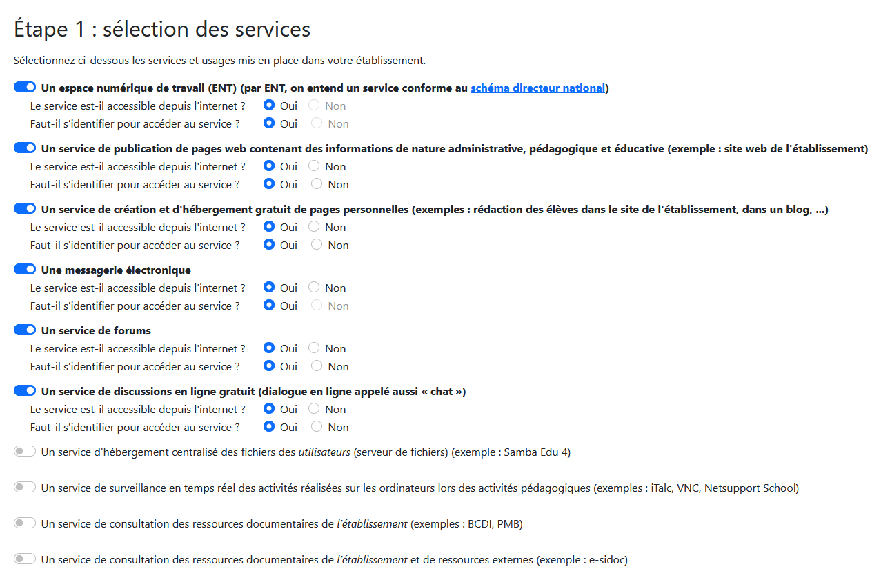 Chartes d'usage du numérique - Étape 1 - Sélection des services