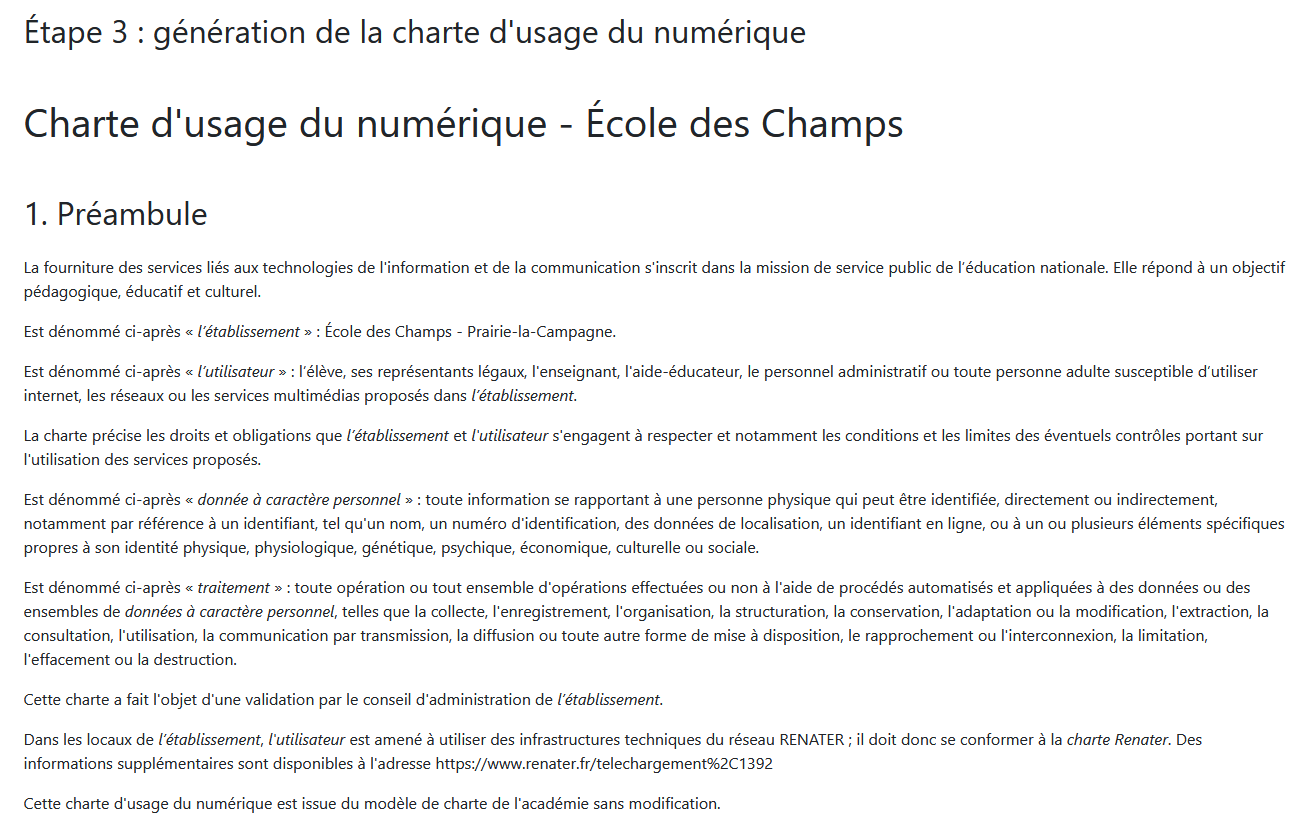 Chartes d'usage du numérique - Étape 3 - Validation et génération de la charte