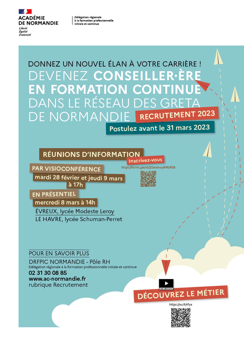 Affiche pour devenir conseiller-ère en foramtion continue dans le réseau Greta de Normandie