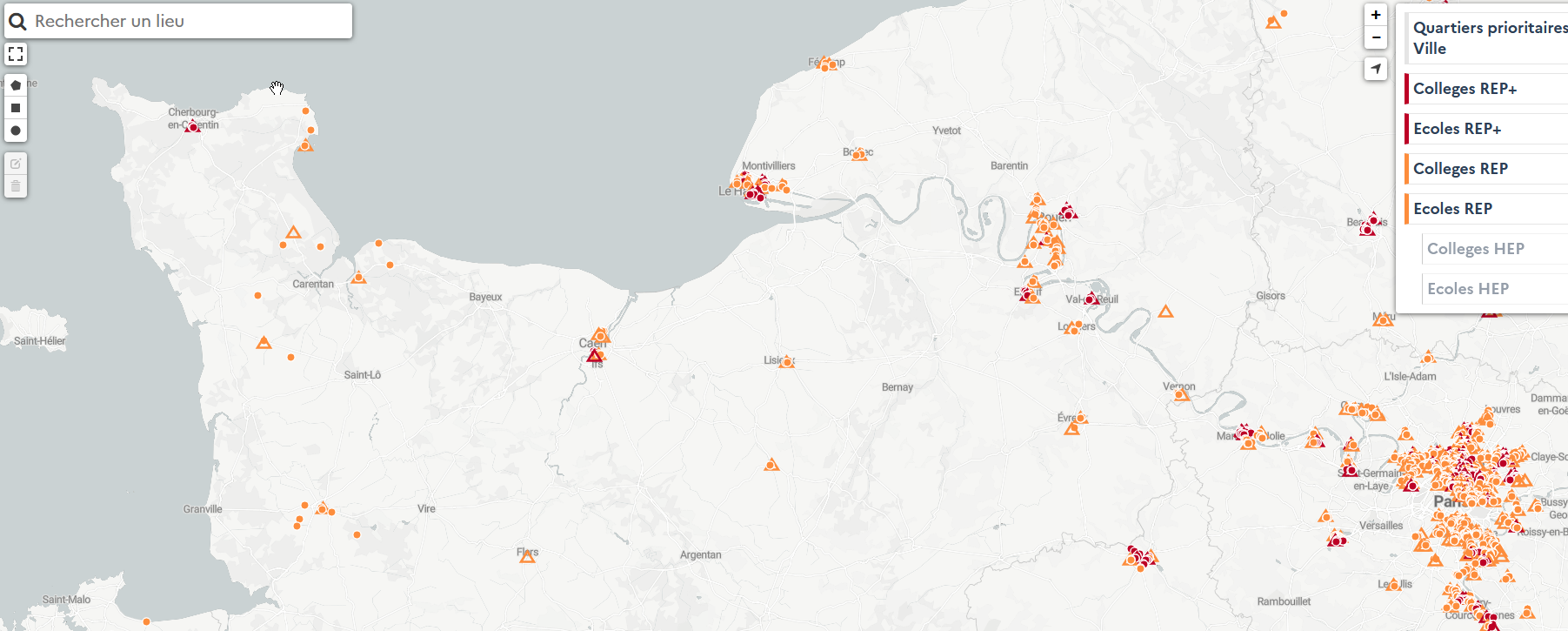 Carte - Écoles et collèges REP et REP+ en Normandie