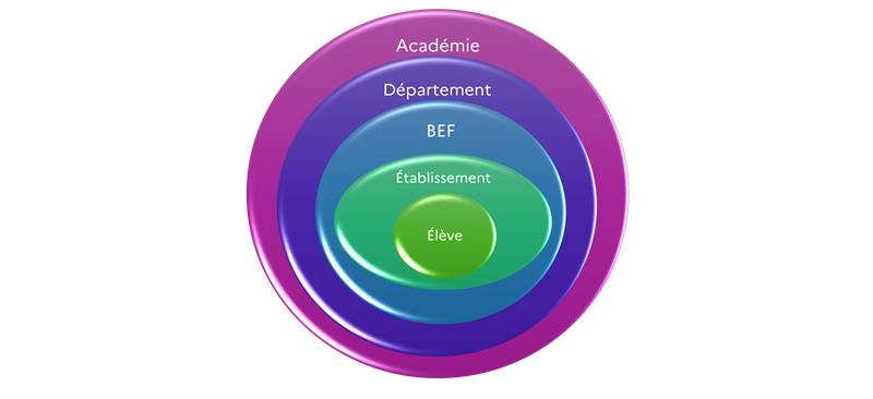 Les acteurs mobilisés autour de/pour l’élève aux différentes échelles : établissement scolaire, Bassin Education Formation (BEF), Direction de services départementaux de l’Education nationale (DSDEN), Académie