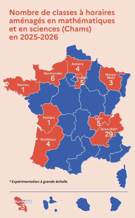 Carte de France : Nombre de classes à horaires aménagés en mathématiques et en sciences (Chams) en 2025-2026