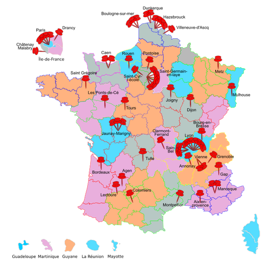 Carte des équipes inscrites à la 33e édition des Olympiades de Physique